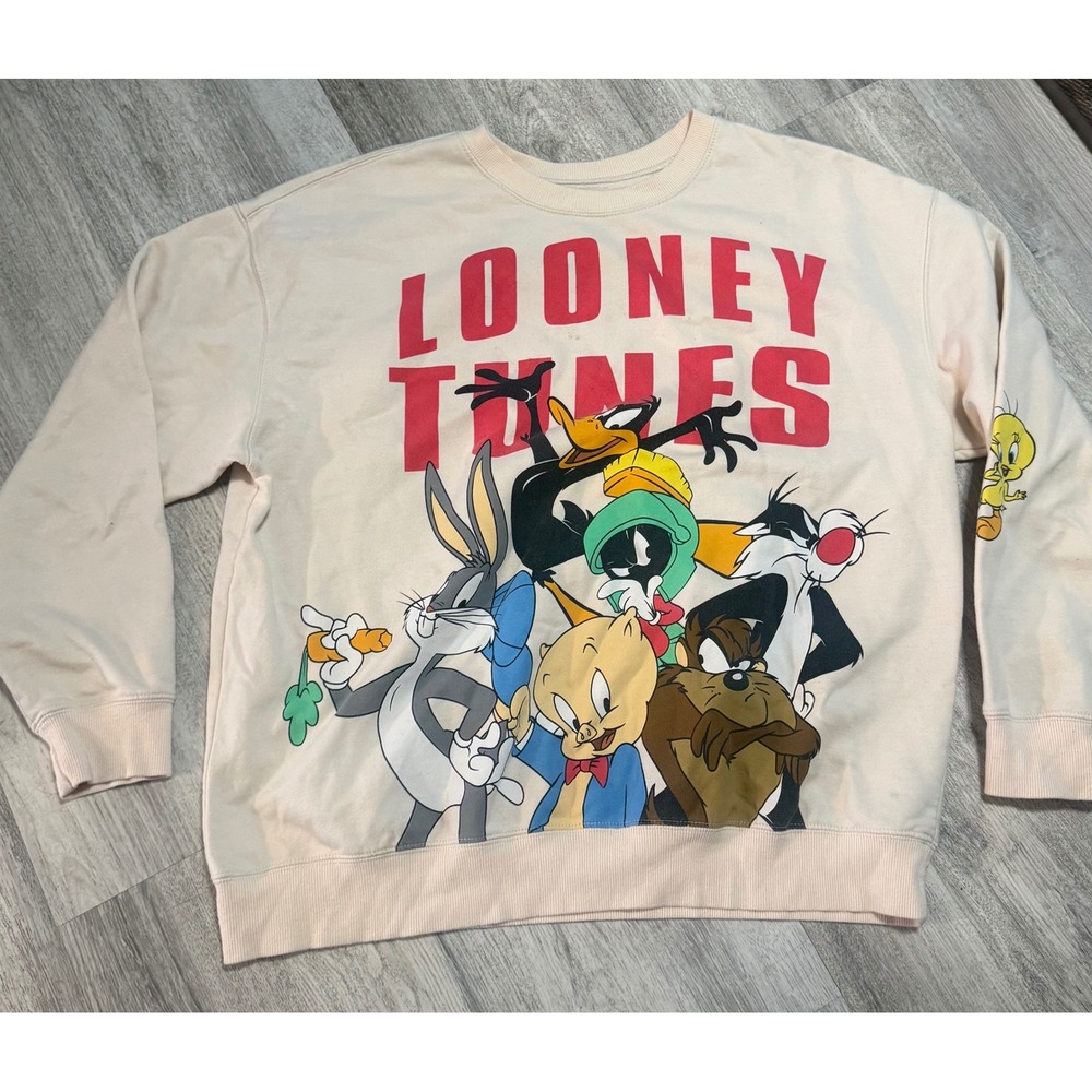 Looney Tunes Graphic Sweatshirt Cream Bugs Bunny Daffy Duck Crewneck Pullover